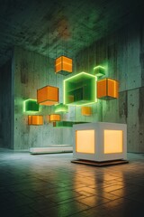 Floating, glowing cubes illuminate a concrete hall