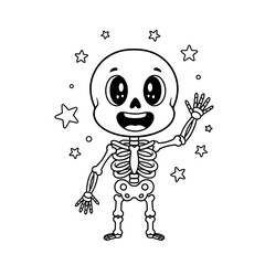 Friendly skeleton waving hello with a cheerful expression and stars.
