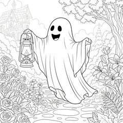 Friendly Cartoon Ghost Holding a Lantern Coloring Page.