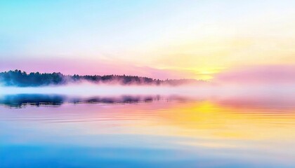 Obraz premium A serene lake shrouded in mist during a pastel-colored sunrise, with a forest line reflected on the calm water.