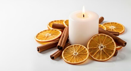 White candle surrounded by dried orange slices and cinnamon sticks on a clean surface, creating a warm and inviting atmosphere for seasonal decor and relaxation