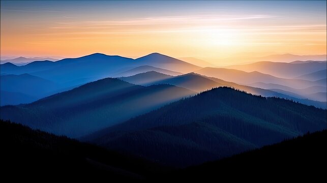 A breathtaking landscape of layered mountain ranges fading into the distance, illuminated by the golden light of sunrise. Sun rays pierce through the atmospheri - Powered by Adobe