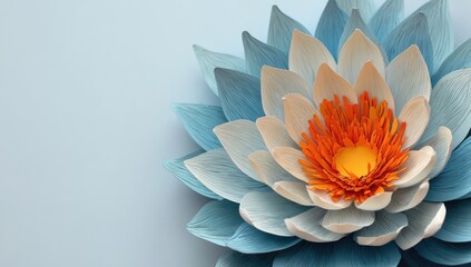 Detailed blue flower with orange center on pastel backdrop
