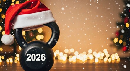Kettlebell wearing a Santa hat, decorated for the holiday season, with a blurred background of festive lights, symbolizing fitness goals for the upcoming year