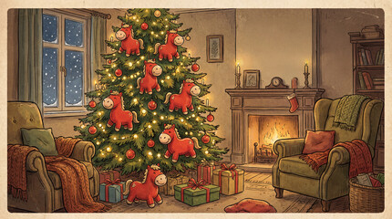 Cozy living room decorated for Christmas. A large Christmas tree with red ornaments. Gifts are placed under the tree, and a warm atmosphere is created.