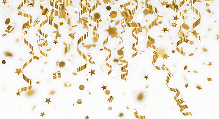 A cascade of shimmering gold confetti and serpentine streamers falling against a white background.