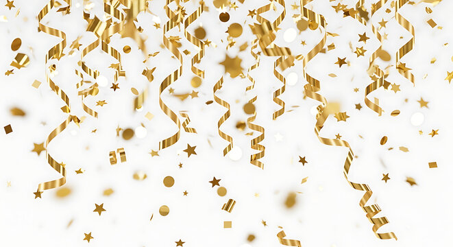 A cascade of shimmering gold confetti and serpentine streamers falling against a white background. - Powered by Adobe
