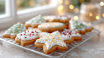 Festive gingerbread cookies with icing for Christmas and sprinkles on a cooling rack by a window with blurred holiday lights in the background.