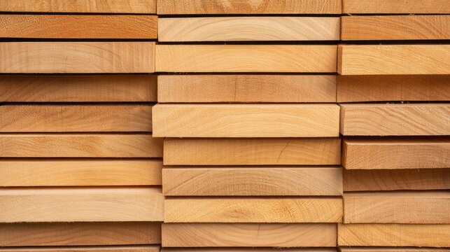 Sturdy pieces of lumber rest in neat stacks outdoors, bathed in warm sunlight. The sunlight highlights the intricate wood grain and natural textures, creating a peaceful scene in nature