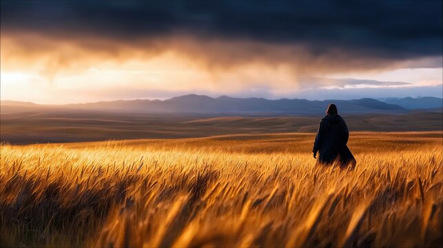 One adult person walking through a vast field of golden wheat during a dramatic sunset with dark storm clouds gathering in the sky.