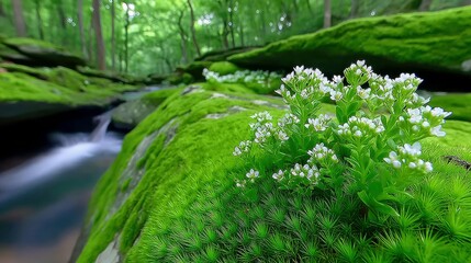 A close-up view of vibrant green moss covering rocks and a small cluster of delicate white flowers, with a blurred stream flowing through a sun-dappled forest i