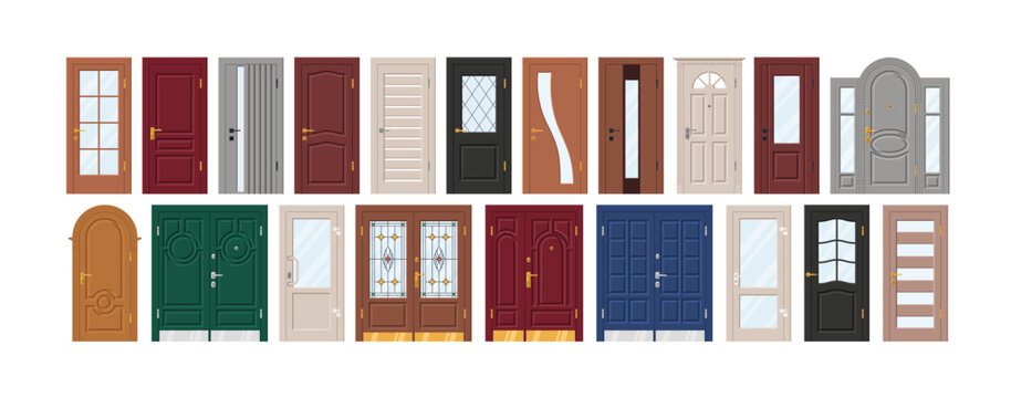 Front doors set. Closed wooden, metal in classic style with knobs, frames and glass decoration. Internal interior and exterior entrances. Flat vector illustration isolated on white background