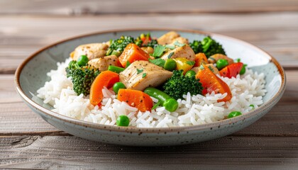 Close Up of Colorful Vegetable and Chicken Stir Fry on Rice on Wooden Table