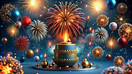 A vibrant birthday cake surrounded by fireworks, balloons, and glowing lights, creating an exciting and festive atmosphere. Perfect for birthdays, parties, and celebratory events.