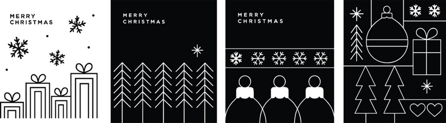 Minimal Black and White Christmas Card Set with Gifts, Trees, Snowflakes and Holiday Icons