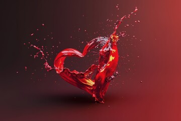 A dynamic splash of red liquid forming a heart shape against a dark backdrop, conveying emotions of passion, love, and the burst of intense feelings.