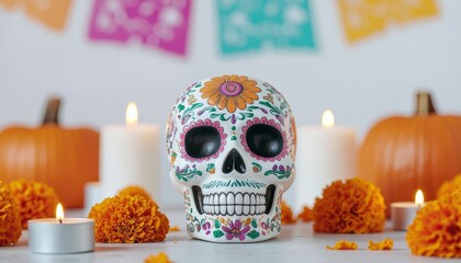Day of the Dead Skull with Floral Pattern and Pumpkins Festive Celebration