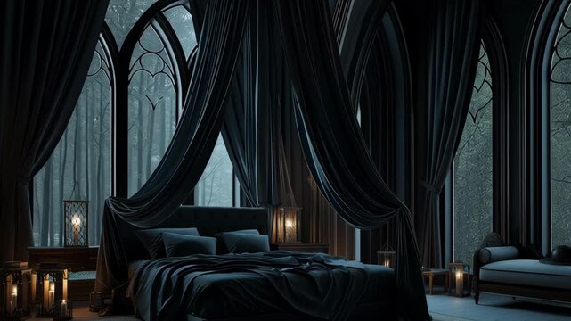 A dark gothic bedroom with tall arched windows, heavy draped curtains, and soft candlelight creates a dramatic elegant atmosphere with a mysterious night mood.