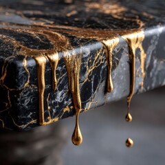 Black marbled surface drips with metallic gold
