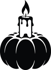 Black silhouette of a candle lit inside a pumpkin