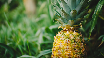 Ripe pineapple basking in the verdant embrace of lush tropical foliage scenery