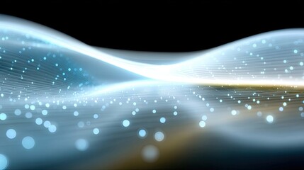 An abstract digital rendering of a futuristic landscape with flowing light waves and scattered glowing particles against a dark background.