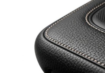 Close up of black leather car gear shift knob isolated on white background