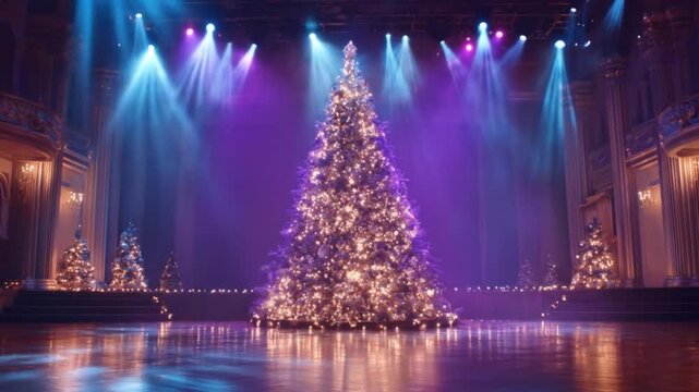 A grand theater hall shines with blue-purple stage lights framing a tall illuminated Christmas tree