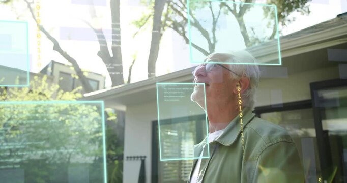 UI panels appearing, retiree tilting, scanning bits, turning and smiling, showing smart home tech