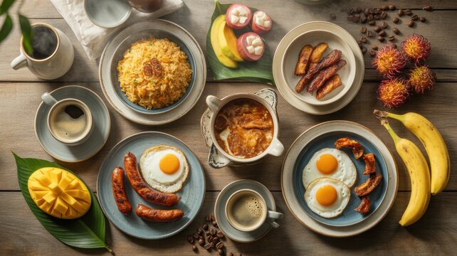 Overhead View of a Full Tropical Filipino Breakfast (Silog) Spread with Fried Rice, Eggs, Meats, Fruits, and Coffee.
