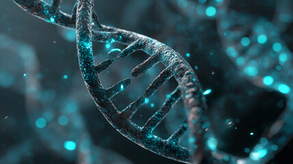 Close-up of a DNA helix, Futuristic biotechnology DNA structure with nano-robotics