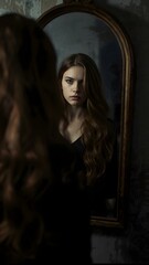 Fototapeta premium Emotional self reflection concept woman in shadowy interior