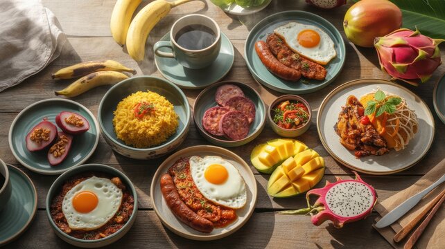 Overhead View of a Full Tropical Filipino Breakfast (Silog) Spread with Fried Rice, Eggs, Meats, Fruits, and Coffee.