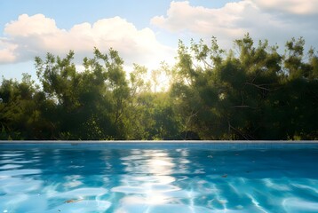 Fototapeta premium Tranquil Resort Pool Reflecting Sunlight Amidst Lush Green Trees and Clear Blue Sky