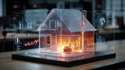 Detailed digital model of a house highlighting data visualization and analytics in a modern workspace setting - Powered by Adobe