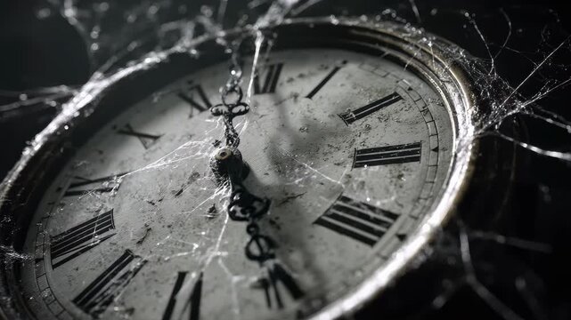 Old clock covered in dust and cobwebs, showing the passage of time in a dark, abandoned space