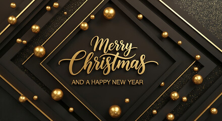 Elegant Christmas greeting with golden ornaments and festive typography on a dark background.
