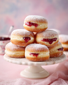 Stack of Berliner Doughnuts Filled with Jam and Cream Dusted with Powdered Sugar on Pink Background