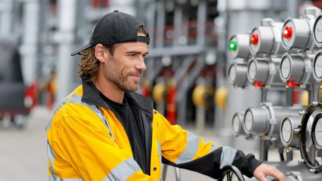 Confident male worker in bright yellow jacket smiles while operating control panel, showcasing expertise and focus, with camera smoothly panning to capture scene progression and interaction with equip