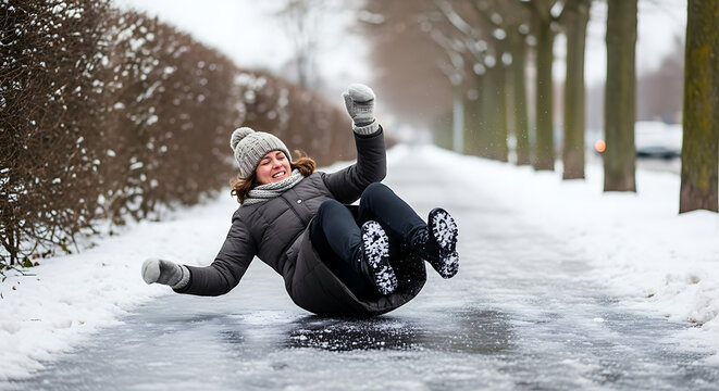 A woman slips and falls on an icy sidewalk during winter, arms raised in surprise. - Powered by Adobe