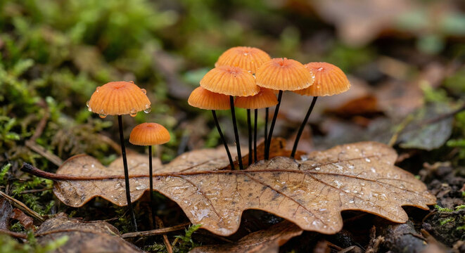 Macro Photograph of Orange Pinwheel Mushrooms on Wet Fallen Oak Leaf in Autumn Forest