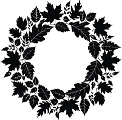 Rustic black silhouette autumn leaf wreath on white background