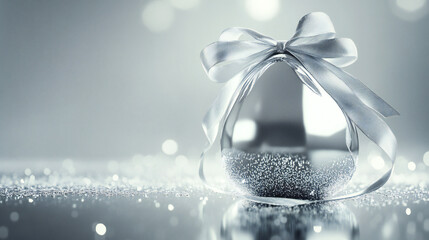 Elegant silver Christmas ornament adorned with a satin bow and shimmering glitter backdrop