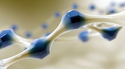 A close-up, abstract 3D render of a molecular chain. The structure features sharp, faceted blue nodes connected by smooth, flowing, creamy white strands. The ba