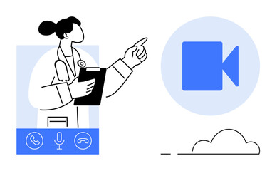 Doctor with clipboard gesturing, video call functionalities, and cloud icon. Ideal for telemedicine, healthcare, online consultation, remote assistance, virtual communication, medical tech simple