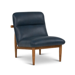Dark Blue Leather Accent Chair with Wooden Frame on White Background armchair blue chair