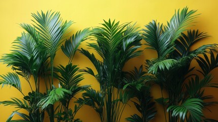 Obraz premium A vibrant scene featuring an array of lush green palm plants against a yellow wall. The dynamic composition and tropical foliage evoke a lively and refreshing atmosphere.