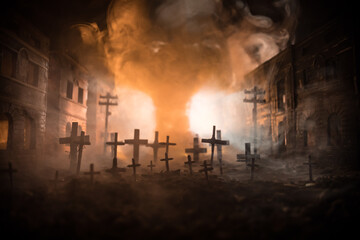Nuclear war apocalypse concept. Explosion of nuclear bomb in city. City destroyed by atomic war. Creative artwork decoration in dark.