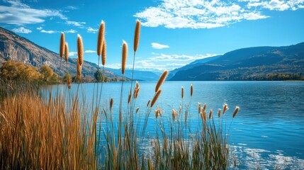 Scenic lakeside view with tall grass in the foreground, mountains, and a partly cloudy blue sky