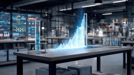 Futuristic Laboratory Setting With Glowing Molecules and Augmented Reality Data Displays